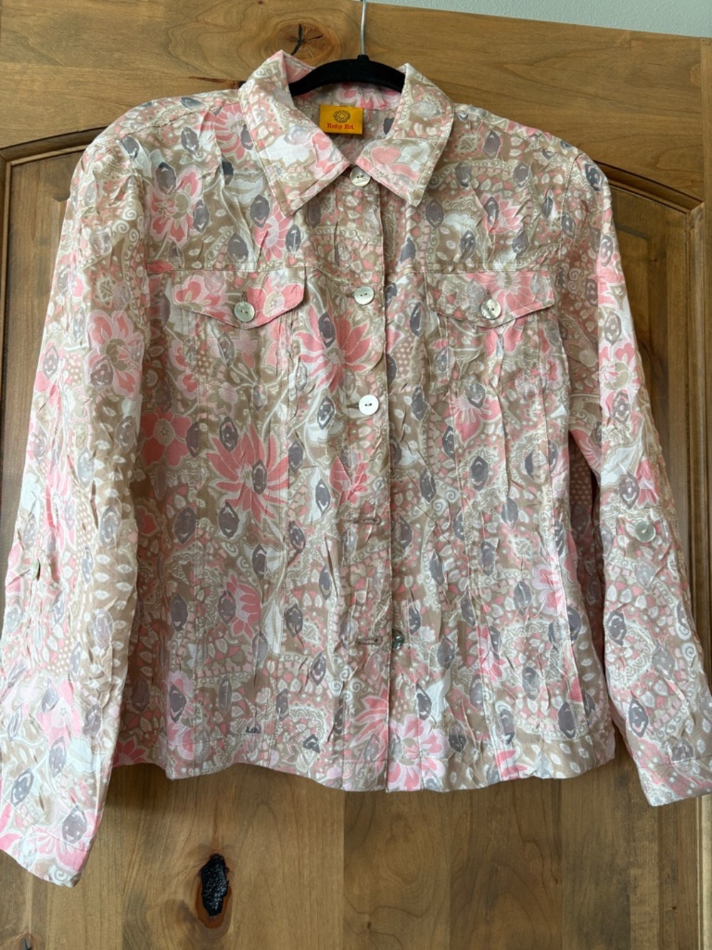 Ruby Rd. Pink and Beige Floral Button-Front Shirt Jacket plus size